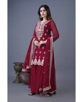 Sharara Dupatta Set in Wine Heavy Georgette Embroidered
