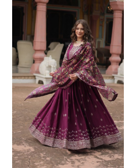 Tebby Silk Gown with Dupatta Printed with Wine Kalamkari
