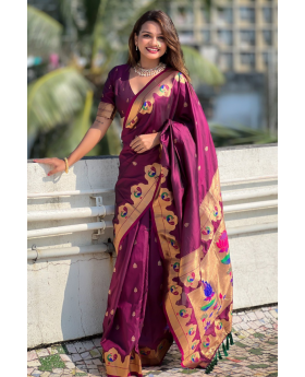 Wine Paithani Sarees adorned with zari designs