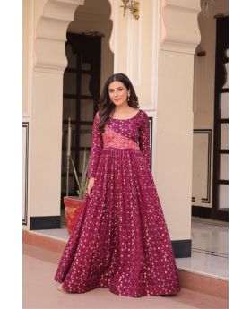 Wine Print Jequard Work Gown With Print Choli Design