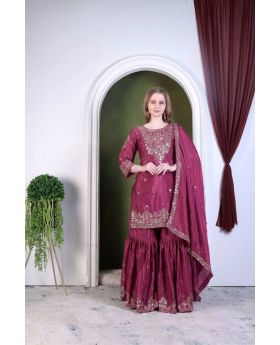 Wine Pure Chinon Silk Sharara Dupatta Pant Sharara Suit