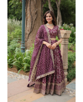 Viscose Jacquard Lehanga Choli Dupatta Set in Wine Pure Dyable