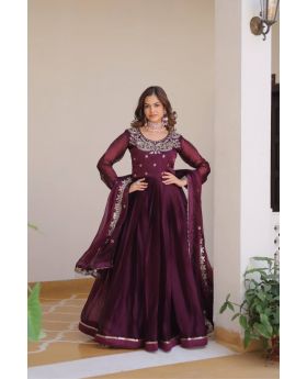Wine Burberry Silk Gown Set Embroidery Dupatta
