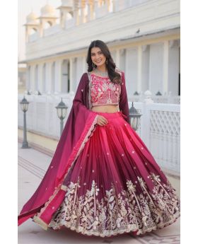 Wine Pure Peding Chinon Lehenga Choli Dupatta Set