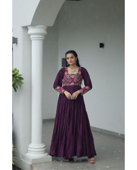 Wine Rayon Gown with Kutchi Gamthi Work With Front-Back Neck Design