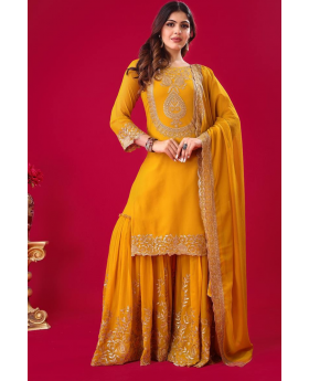 Faux Yellow Blooming Three-piece Georgette Sharara Suit Set with Kurta Dupatta.