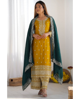 Three Pieces of Yellow Chinnon Silk Sharara Suit Set with Kurta Dupatta