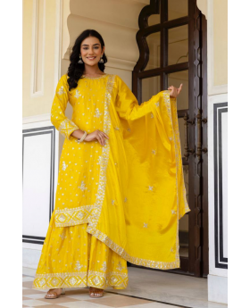 Embroidered Yellow Chinon Kurta Pant Dupatta Set Sharara Suit