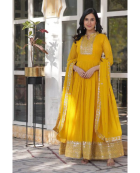 Faux Blooming Anarkali in Yellow Gown in Georgette with Dupatta