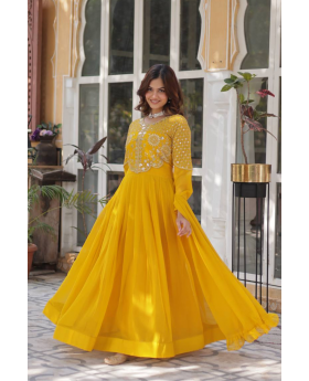 Anarkali outfit in yellow faux blooming georgette with dupatta