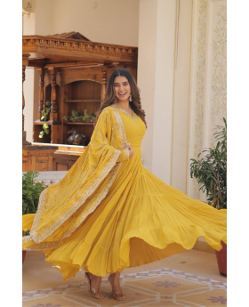 Yellow Faux Georgette Dress with Embroidered Dupatta