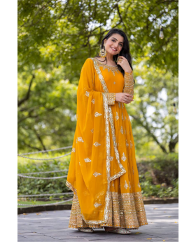 Embroidered Yellow Faux Georgette Gown