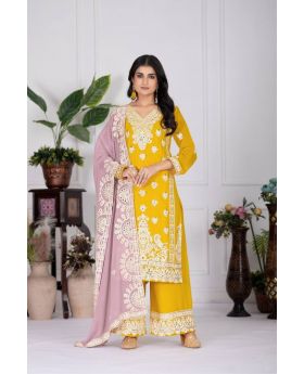 Yellow Heavy Faux Georgette Kurta Pant Dupatta Suit Set