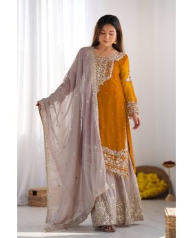 Yellow Heavy Faux Georgette Red Sharara Dupatta Suit Set