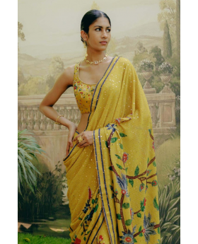 Floral heavy georgette saree in yellow.