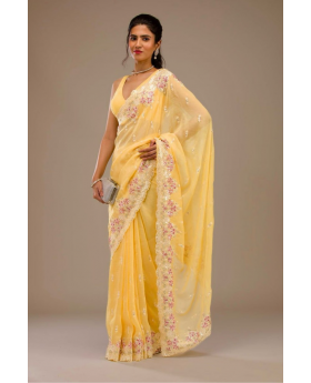 Superior Crunchy Saree in Yellow with Embroidered Thread Work