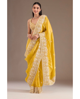 Embroidered yellow premium gold crush saree.