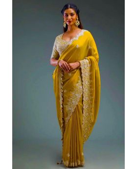 Yellow Premium Soft Gold Crush Silk Saree Embroidered
