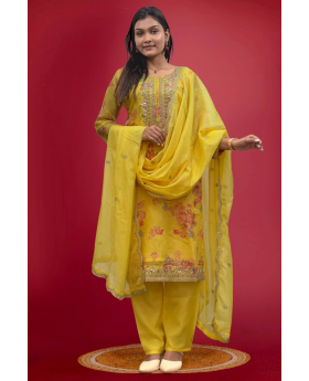Three-piece kurta dupatta pantsuit set in yellow pure kundan organza.