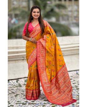 Yellow Pure Patola Premium Silk Saree Zari Woven Work.