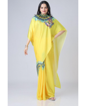 Digital Printing of a Yellow Satin Creap Silk Saree