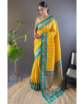 Paithani sarees in yellow soft silk with peacock jaal