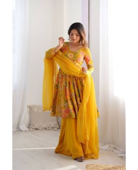 Yellow Soft Romansilk Chanderi Sharara Dupatta Suit Set