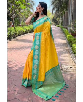 Soft silk saree in yellow with small motifs Zari Weaving