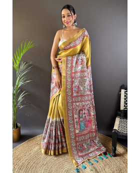 Sarees made of yellow Tussar silk with Madhubani designs