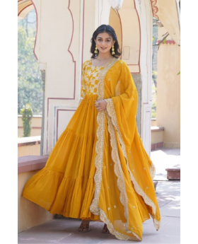 Diable Jacquard Gown in Yellow Viscose with Dupatta