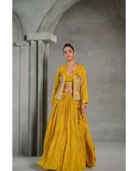 Yellow Chinon Lehenga with Crop Top & Embroidered Jacket