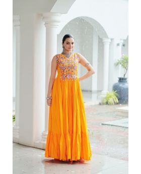 Yellow Designer Kutchi Gamthi Embroidered Navratri Gown