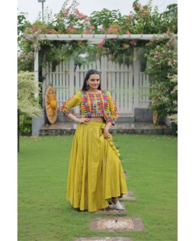 Yellow Festive Roman Fabric Lehenga with Embroidered Top