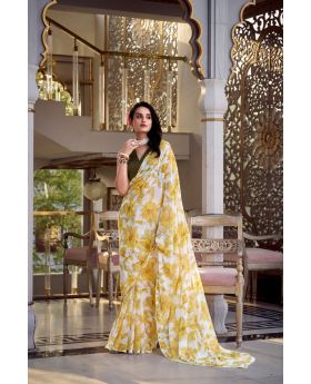 Yellow Floral Printed Marble Look Saree with Moonga Silk Blouse