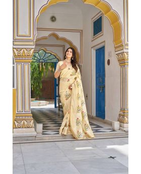 Yellow Kota Crystal Saree Embroidery Thread Work & Jacquard Border