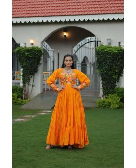 Yellow Rayon Gown with Kutchi Gamthi Work With Front-Back Neck Design