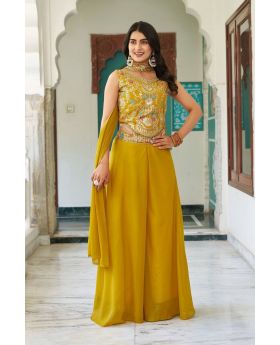 Yellow Star Georgette Top Plazzo Set with Embroidered Top & Dupatta