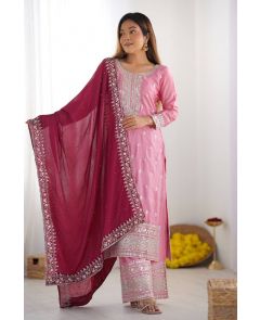 Baby Pink Chinnon Silk Kurta Plazo Dupatta Suit Set