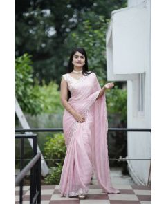 Baby Pink Soft Chiffon Saree Weaving Zari Line