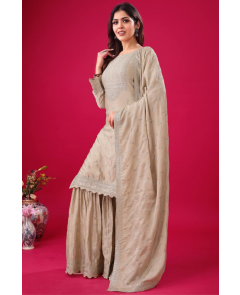 Beige Heavy Chinon Silk 3 Piece Kurti Dupatta Sharara Suit Set