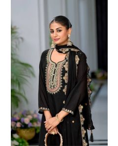 Black Heavy Chinon Silk Sharara Dupatta Suit Set Embroidered