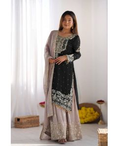 Black Heavy Faux Georgette Red Sharara Dupatta Suit Set