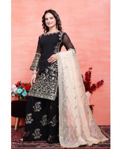 Black Heavy Faux Georgette Sharara Dupatta Suit Set Embroidered