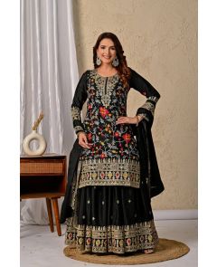 Black Chinnon Silk Kurta Sharara Set with Dupatta Embroidered
