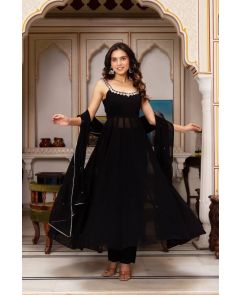 Black  Faux Georgette Kurti Set with Plazo & Dupatta Embroidered