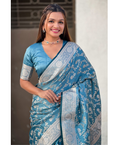 Antique Silk Sarees in Blue Banarasi with Jaal