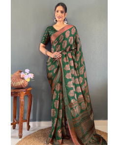 Banarasi Saree Patch Work Dark Green Soft Moss Silk Saree
