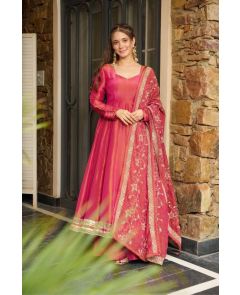  Rani Pink Roman Simmer Silk Anarkali Gown with Plazo and Dupatta Set