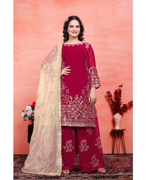 Maroon Heavy Faux Georgette Sharara Dupatta Suit Set Embroidered