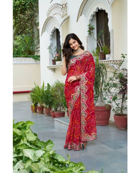  Red Pure Bandhej Saree with Heavy Pitha & Gota Patti Work  